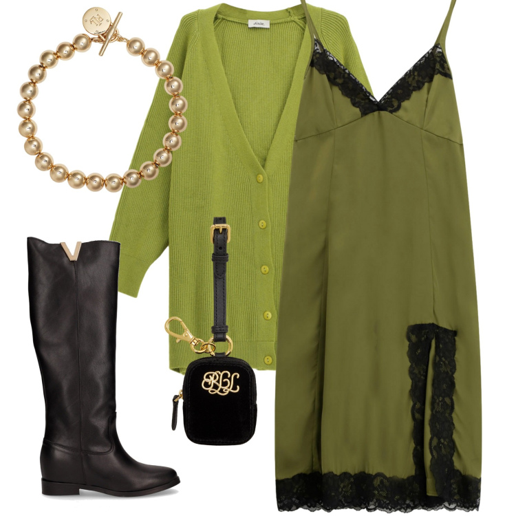 Outfit donna - Serata con amici. Stile Chic per Serata fuori. Abbinamento con vestiti midi/longuette, cardigans, braccialetti, pochette, stivali.