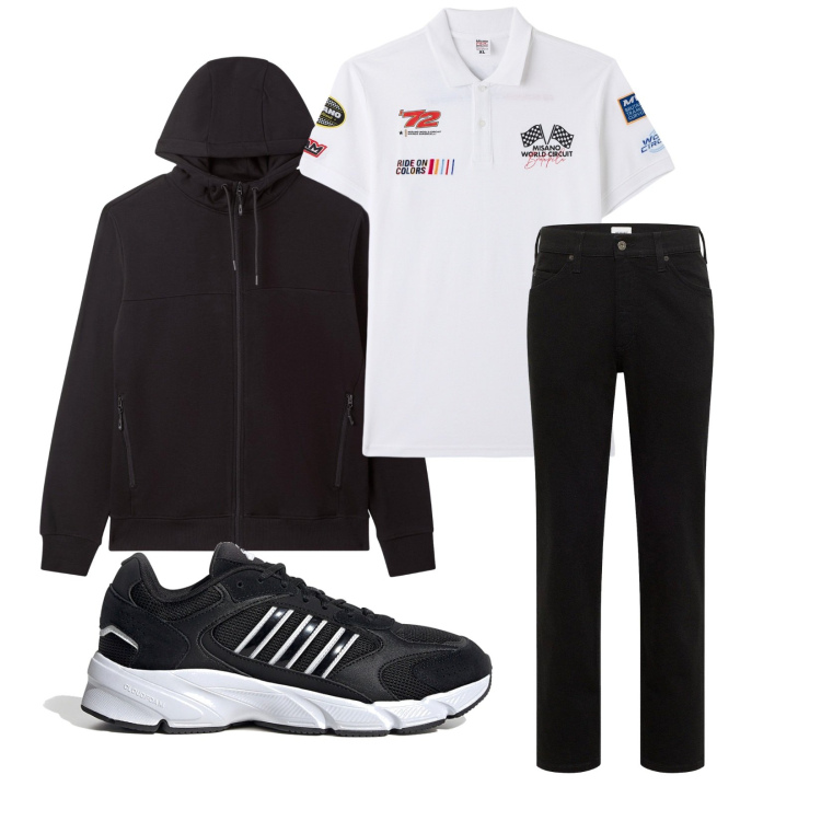 Outfit uomo - Total look #2257957. Stile Casual per Tutti i giorni. Abbinamento con jeans dritti, polo, felpe con cappuccio, sneakers.