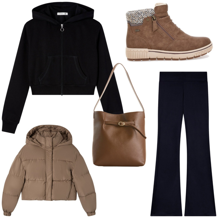 Outfit donna - Urban style. Stile Casual per Tutti i giorni. Abbinamento con borse a mano, leggings, bomber, felpe con cappuccio, stivaletti.