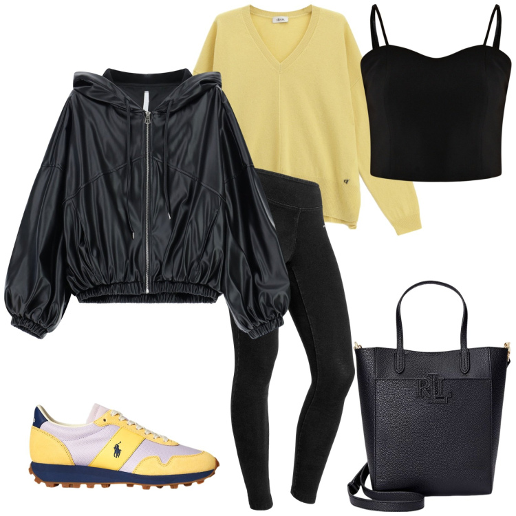 Outfit donna - Total look #2257959. Stile Casual per Tutti i giorni. Abbinamento con top, bomber, jeggings, maglieria, borse tote, sneakers.