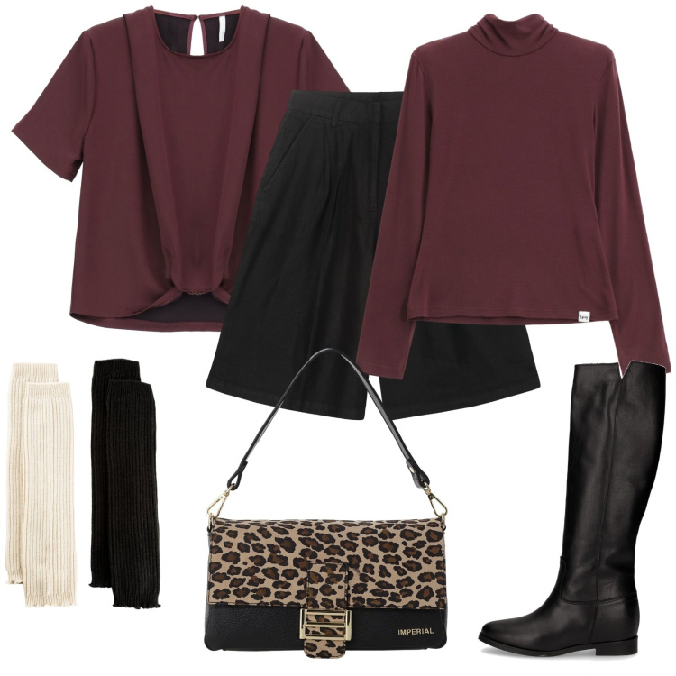 Outfit donna - Un tocco animalier. Stile Glamour per Ufficio. Abbinamento con calzini, bluse, borse a spalla, maglieria, bermuda, stivali.