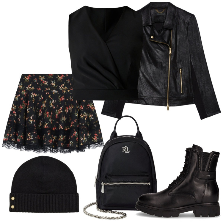 Outfit donna - La gonna che domina. Stile Rock per Serata fuori. Abbinamento con minigonne, top, zaini, berretti, giacche, anfibi.