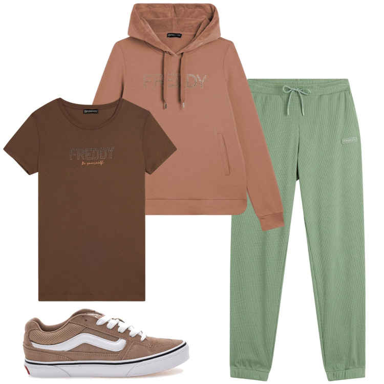 Outfit donna - Total look #2257966. Stile Casual chic per Sport. Abbinamento con pantaloni sportivi, felpe sportive, t-shirt, sneakers.