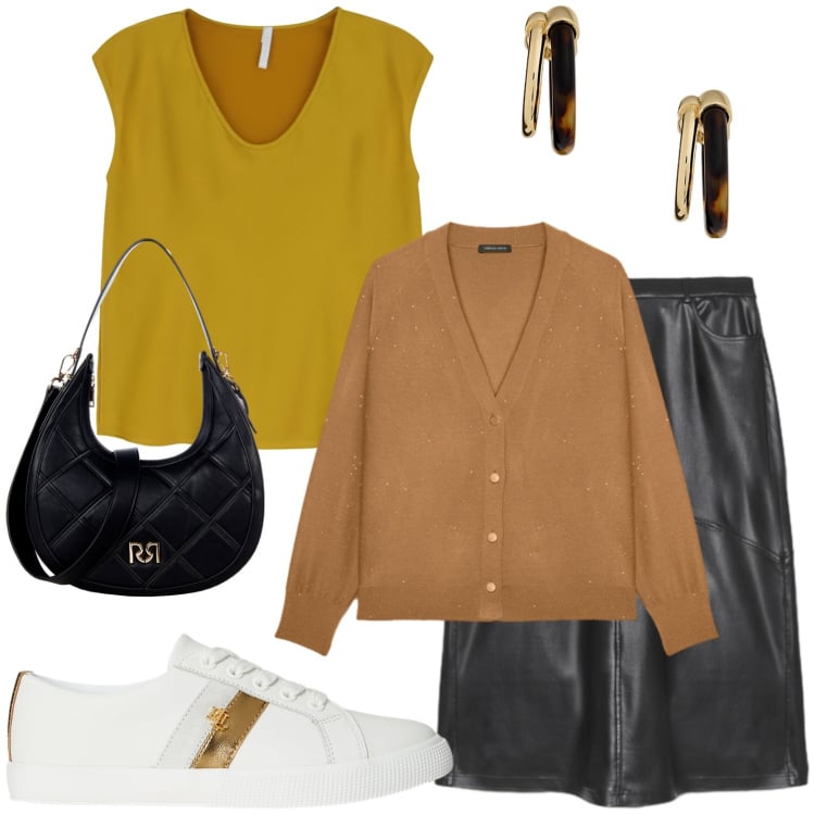 Outfit donna - Senape. Stile Casual chic per Ufficio. Abbinamento con borse a tracolla, top, orecchini, sneakers, cardigans, gonne lunghe.