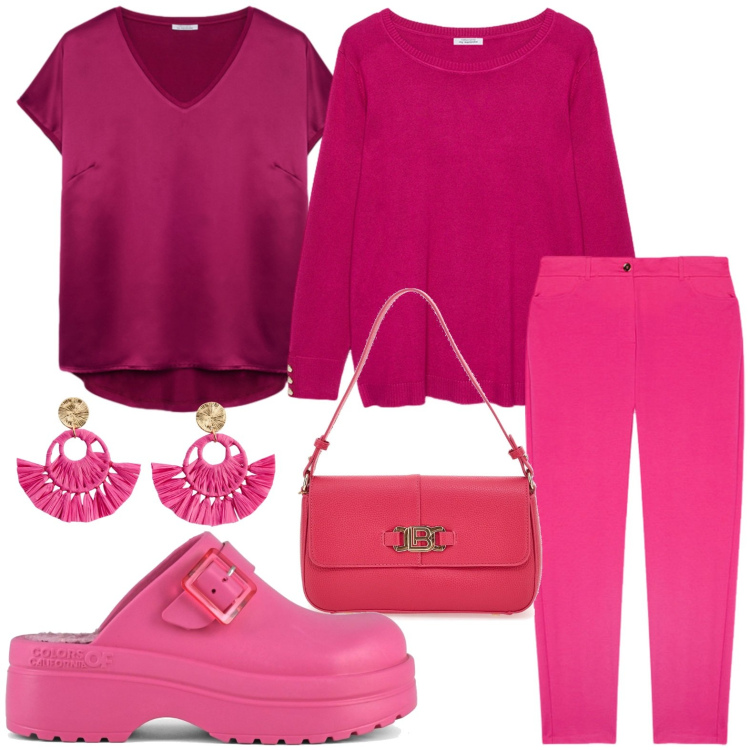 Outfit donna - Ispirazione fuxia. Stile Casual per Tutti i giorni. Abbinamento con orecchini, borse a spalla, bluse, sandali, maglieria, pantaloni chino.