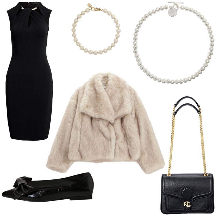 Outfit donna - Cerimonia autunnale. Stile Chic per Cerimonia. Abbinamento con ballerine, blazer, vestiti, collane, borse a spalla, braccialetti.