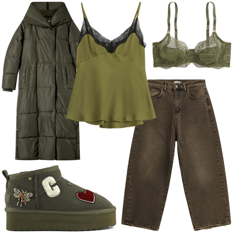 Outfit donna - Ispirazione verde. Stile Casual chic per Serata fuori. Abbinamento con cappotti, pantaloni a palazzo, top, reggiseni, stivali.