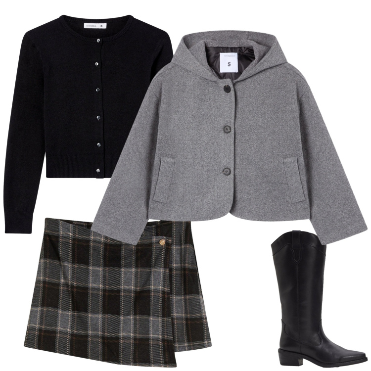 Outfit donna - Gonna tartan. Stile Preppy per Tutti i giorni. Abbinamento con gonne, stivali, caban, cardigans.