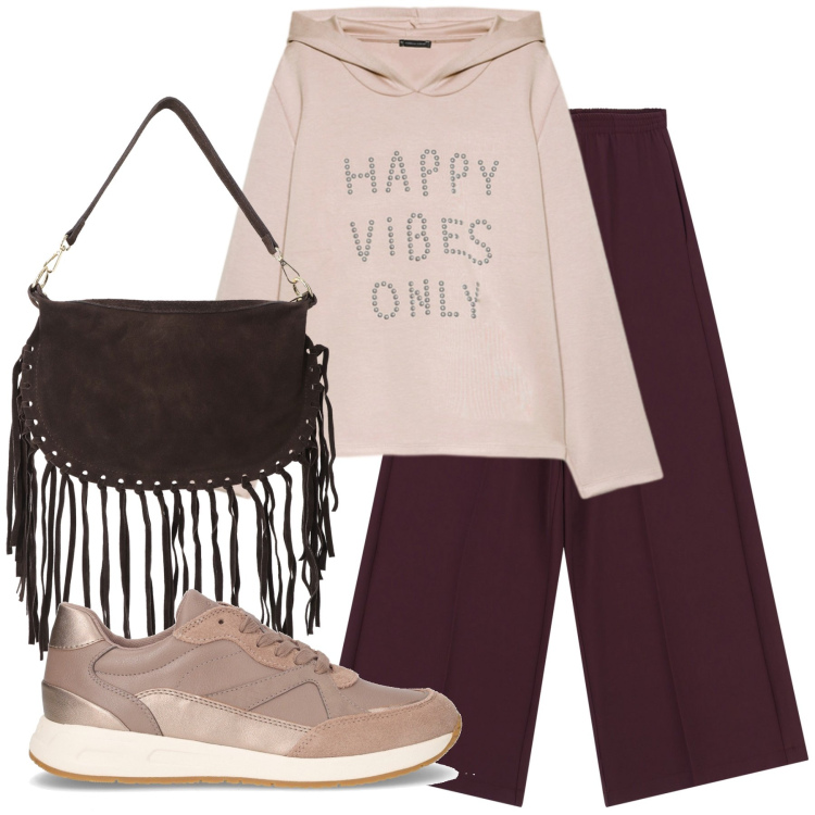 Outfit donna - Total look #2257984. Stile Casual chic per Tutti i giorni. Abbinamento con pantaloni a palazzo, borse a tracolla, sneakers, felpe con cappuccio.