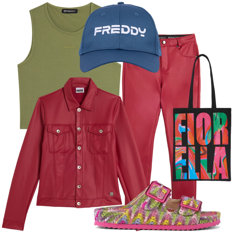 Outfit donna - Coloratissimo Freddy. Stile Trendy per Tutti i giorni. Abbinamento con pantaloni skinny, top, giacche, cappelli, sandali, borse tote.