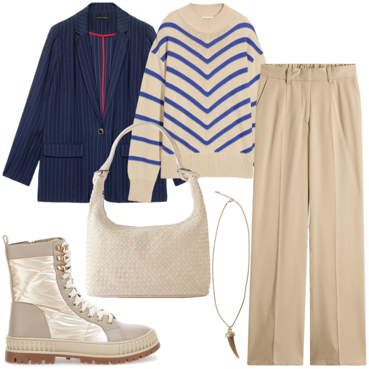 Outfit donna - Blu e beige. Stile Chic per Ufficio. Abbinamento con pantaloni, shopping bag, maglieria, collane, stivaletti, blazer.