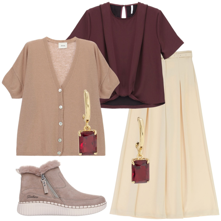 Outfit donna - Total look #2257989. Stile Sporty chic per Tutti i giorni. Abbinamento con pantaloni, bluse, cardigans, orecchini, stivaletti.