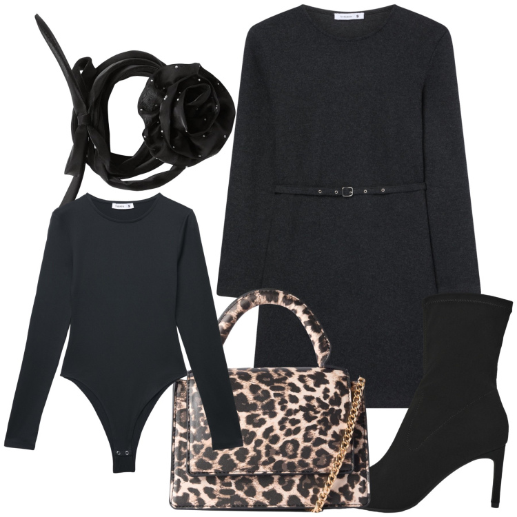 Outfit donna - Party in Terrazza con Terranova. Stile Glamour per Serata fuori. Abbinamento con stivali, vestiti midi/longuette, collane, borse a tracolla, body.