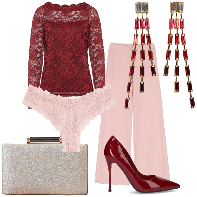 Outfit donna - Glamour al massimo livello. Stile Glamour per Serata fuori. Abbinamento con orecchini, maglieria, culotte, clutch, pantaloni, décolleté.