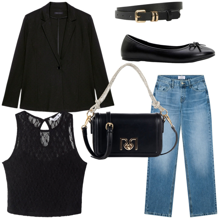 Outfit donna - Blazer nero e jeans. Stile Casual chic per Tutti i giorni. Abbinamento con ballerine, cinture, jeans dritti, top, borse a mano, blazer.