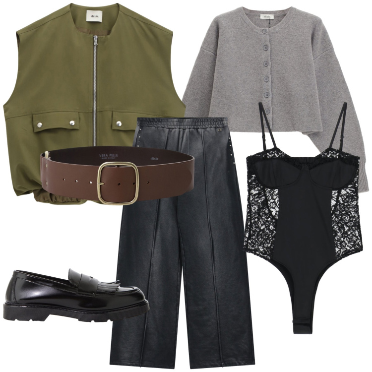 Outfit donna - Quando la lingerie stupisce con Dixie. Stile Trendy per Tutti i giorni. Abbinamento con body, mocassini, cinture, pantaloni a palazzo, cardigans, gilet.
