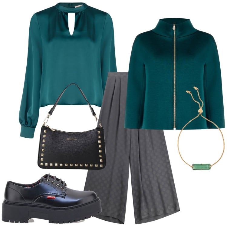 Outfit donna - Ottanio e grigio. Stile Glamour per Serata fuori. Abbinamento con bluse, cappe, pochette, pantaloni a palazzo, braccialetti, francesine.
