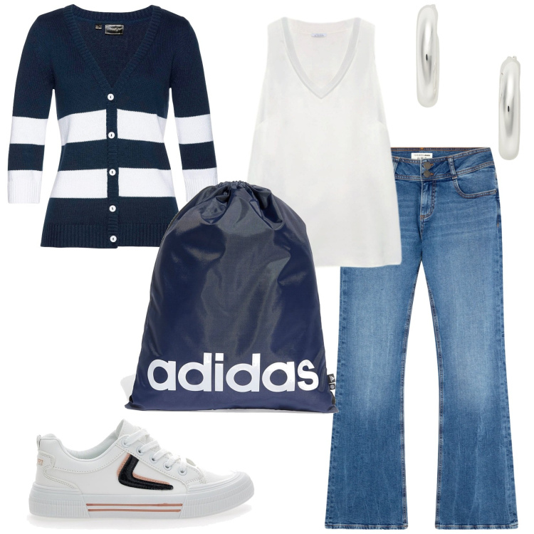 Outfit donna - Total look #2258001. Stile Casual per Tutti i giorni. Abbinamento con cardigans, jeans a zampa, orecchini, sneakers, zaini, top.