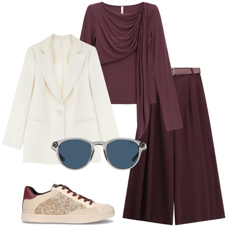 Outfit donna - Total look #2258004. Stile Casual chic per Tutti i giorni. Abbinamento con blazer, bluse, pantaloni a palazzo, occhiali da sole, sneakers.