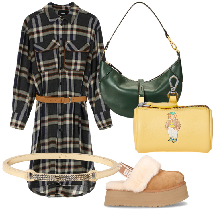 Outfit donna - Scottish style. Stile Trendy per Tutti i giorni. Abbinamento con vestiti midi/longuette, borse a spalla, braccialetti, portamonete, sabot.