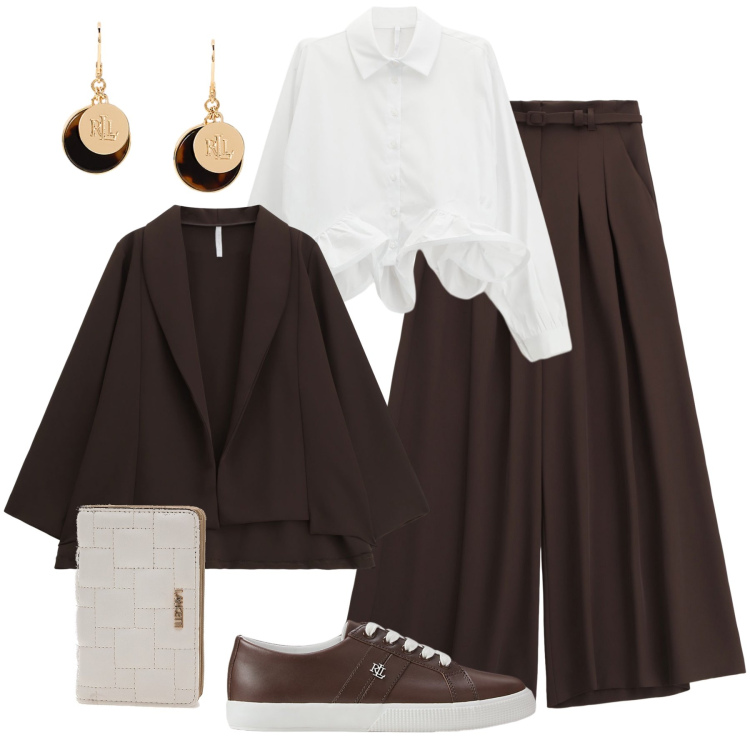 Outfit donna - Moro e bianco al lavoro. Stile Casual chic per Ufficio. Abbinamento con blazer, pantaloni a palazzo, camicie, sneakers, orecchini, portafogli.