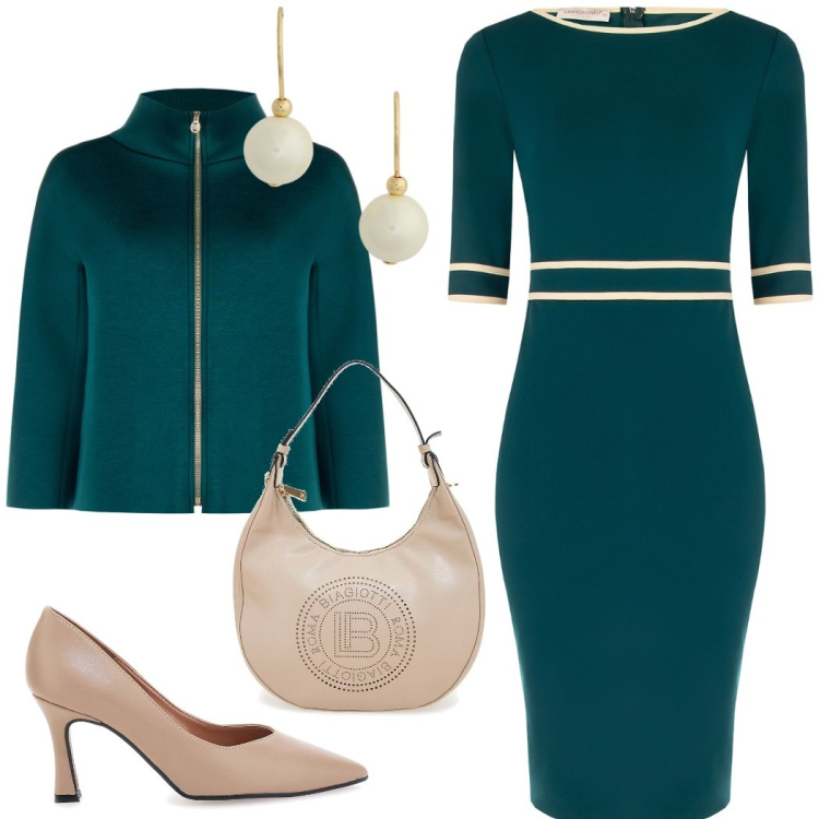 Outfit donna - Elegante ottanio. Stile Bon Ton per Serata fuori. Abbinamento con vestiti a tubino, cappe, orecchini, décolleté, borse a spalla.