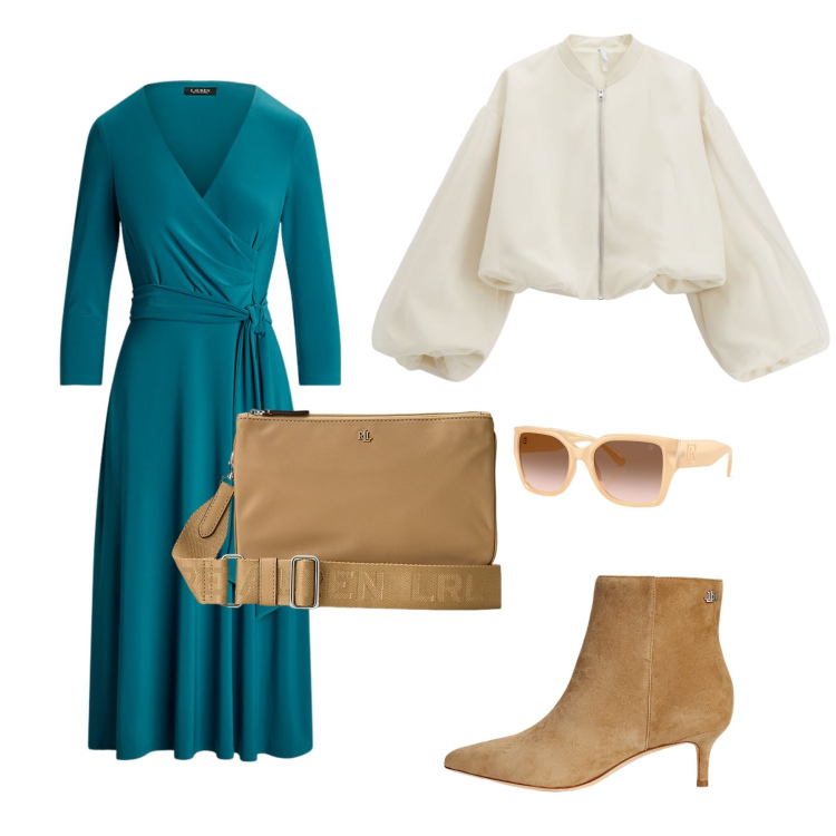 Outfit donna - Appuntamento alle 17. Stile Casual chic per Ufficio. Abbinamento con bomber, borse a tracolla, vestiti, occhiali da sole, stivaletti.