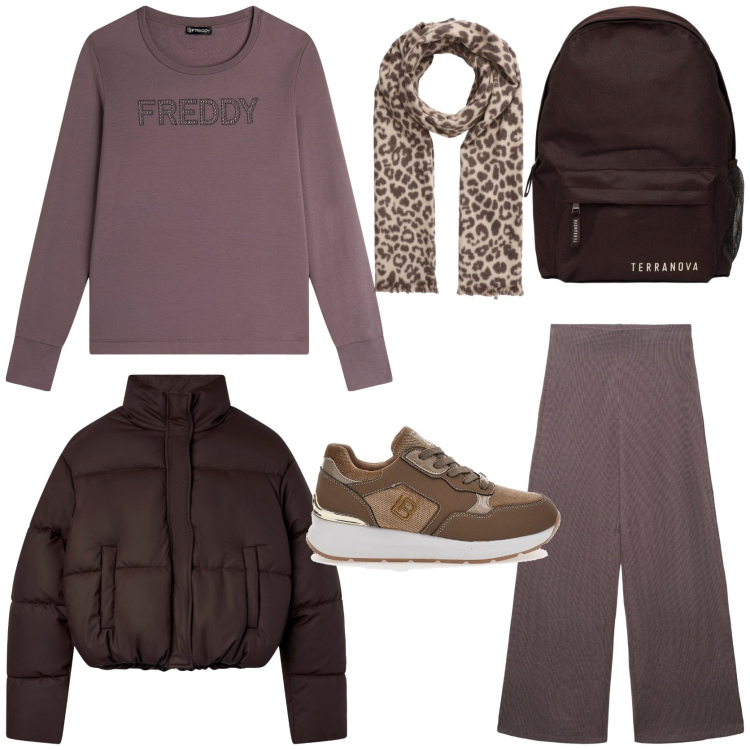 Outfit donna - Sporty chic in città. Stile Sporty chic per Tutti i giorni. Abbinamento con pantaloni, bomber, zaini, sciarpe, felpe, sneakers.