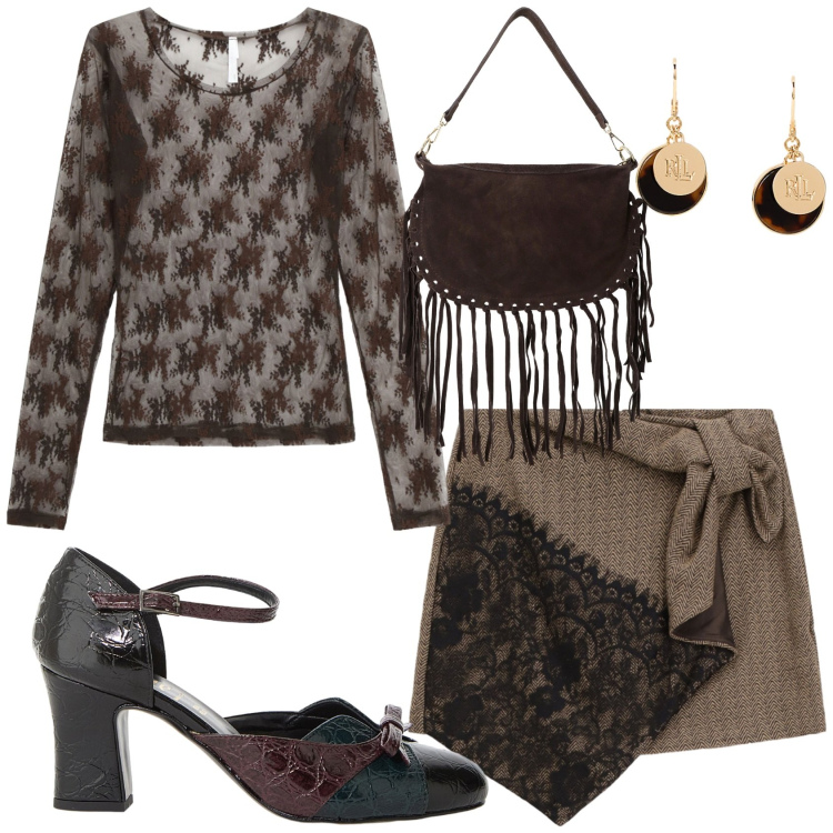 Outfit donna - Sexy in pizzo. Stile Glamour per Serata fuori. Abbinamento con maglieria, décolleté, borse a tracolla, minigonne, orecchini.
