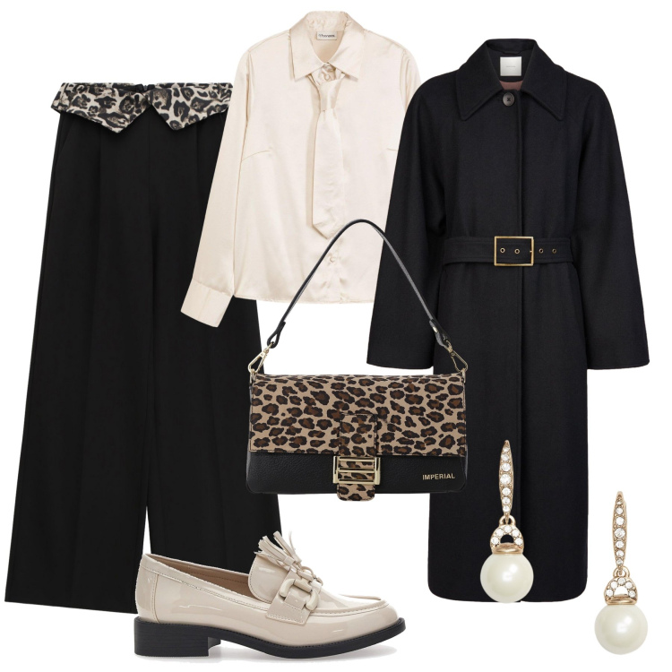 Outfit donna - Invito a cena in autunno. Stile Chic per Serata fuori. Abbinamento con camicie, pantaloni a palazzo, borse a spalla, orecchini, mocassini, cappotti.
