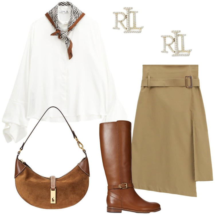 Outfit donna - English style. Stile Casual chic per Tutti i giorni. Abbinamento con camicie, gonne longuette, stivali, orecchini, borse a spalla.