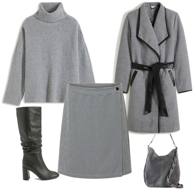 Outfit femme - Jupe et bottes gris. Style Basique pour Tous les jours. Assortir avec jupes, manteaux, sacs à main, pulls, bottes.