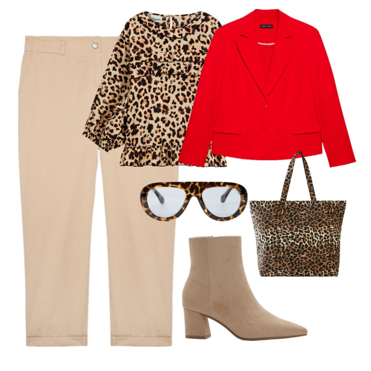 Outfit donna - Blazer rosso!. Stile Casual chic per Tutti i giorni. Abbinamento con bluse, stivaletti, shopping bag, occhiali da sole, blazer, pantaloni.