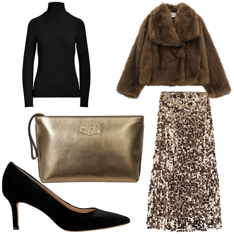 Outfit donna - Marrone e nero per la sera. Stile Glamour per Serata fuori. Abbinamento con gonne lunghe, blazer, top, pochette, décolleté.