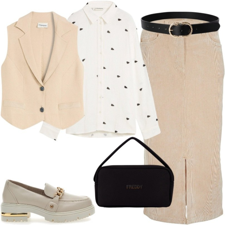 Outfit donna - Total look #2258028. Stile Casual per Tutti i giorni. Abbinamento con camicie, maglieria, gonne longuette, cinture, borse a mano, mocassini.