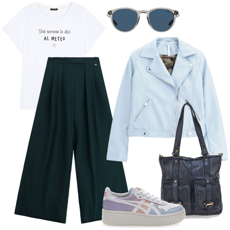 Outfit donna - I pantaloni ottanio. Stile Casual chic per Tutti i giorni. Abbinamento con pantaloni a palazzo, blazer, occhiali da sole, sneakers, borse a spalla, t-shirt.