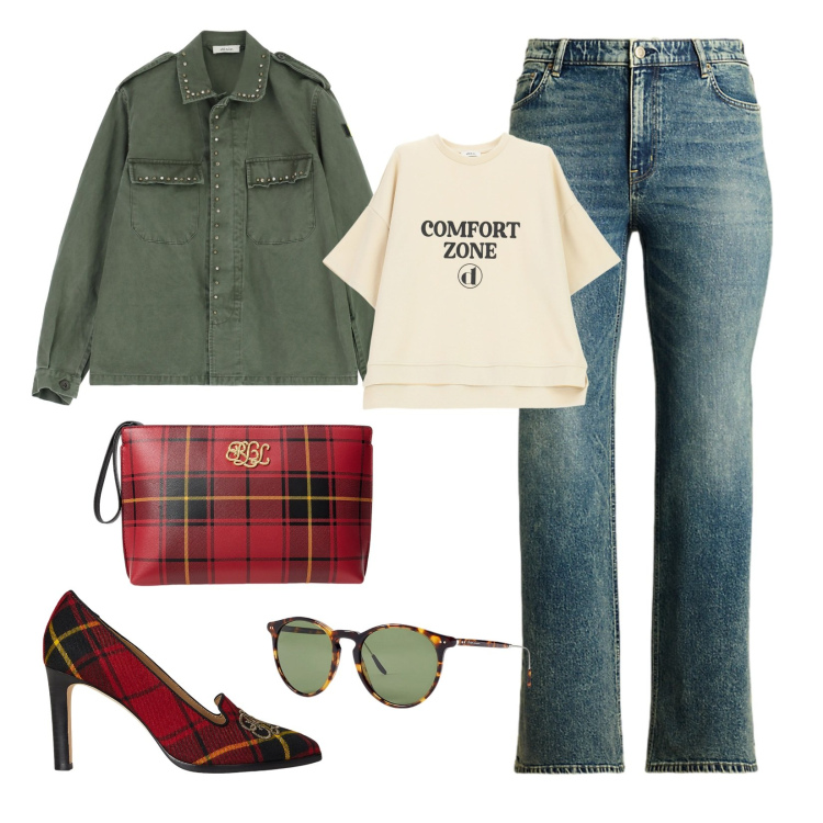 Outfit donna - Look Curvy!. Stile Trendy per Serata fuori. Abbinamento con t-shirt, cappotti, décolleté, occhiali da sole, jeans, pochette.