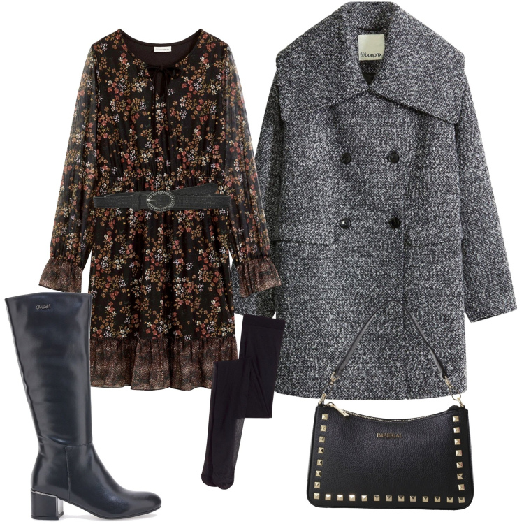 Outfit donna - Serata fuori gonna & stivali. Stile Casual chic per Serata fuori. look ideale per Petite. Abbinamento con vestiti, cappotti, collant, cinture, pochette, stivali.