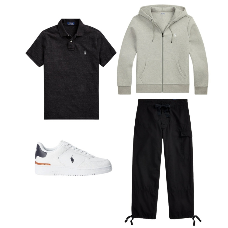 Outfit uomo - City. Stile Urban per Tutti i giorni. Abbinamento con pantaloni cargo, polo, sneakers, felpe.