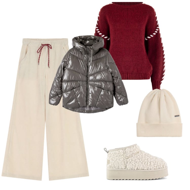 Outfit donna - Caldo panna. Stile Casual per Scuola/Università. Abbinamento con bomber, maglieria, berretti, pantaloni a palazzo, stivaletti.