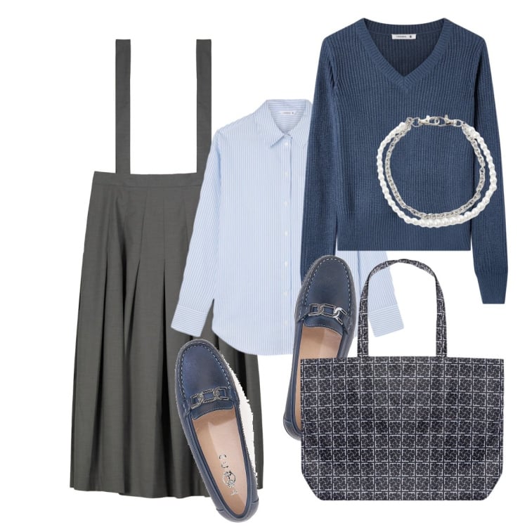 Outfit donna - In ufficio in bretelle. Stile Mannish per Ufficio. Abbinamento con maglieria, camicie, braccialetti, gonne lunghe, mocassini, shopping bag.
