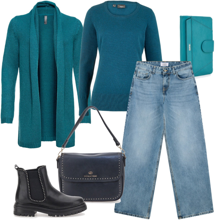 Outfit donna - Ottanio power. Stile Casual chic per Tutti i giorni. Abbinamento con cardigans, maglieria, jeans boyfriend, stivaletti chelsea, portafogli, borse a tracolla.