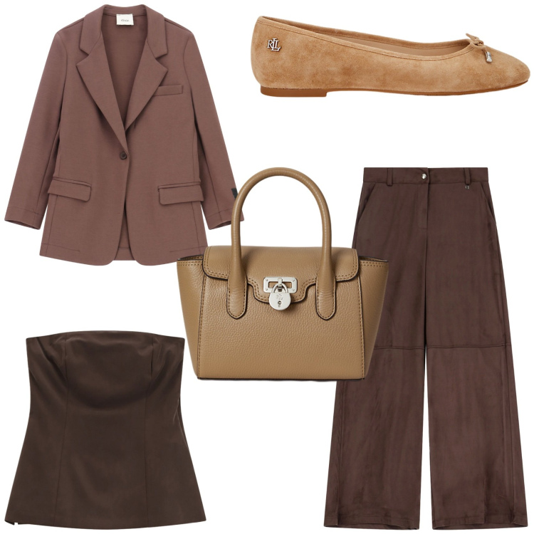Outfit donna - Brownie. Stile Trendy per Tutti i giorni. Abbinamento con top, blazer, pantaloni a palazzo, ballerine, borse a mano.