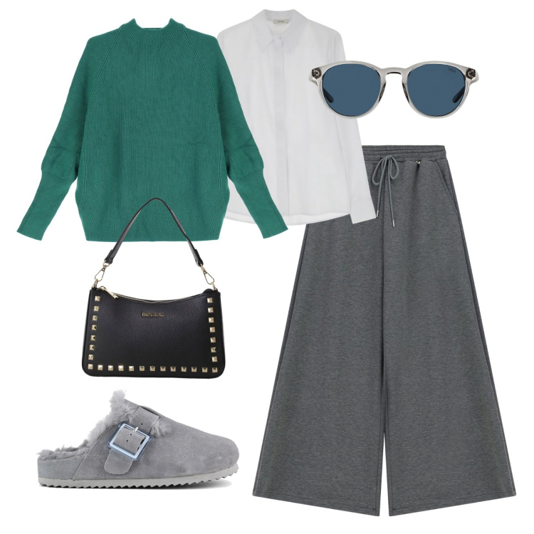 Outfit donna - Mix di colore!. Stile Casual per Tutti i giorni. Abbinamento con pochette, pantaloni a palazzo, camicie, maglieria, occhiali da sole, sabot.