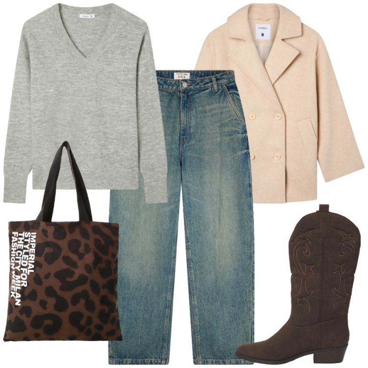 Outfit donna - Far west in città. Stile Etnico per Tutti i giorni. Abbinamento con caban, jeans, maglieria, stivaletti texani, shopping bag.