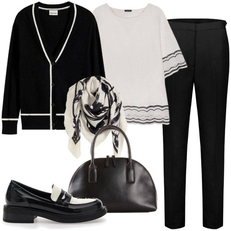 Outfit donna - Must have per l\'autunno. Stile Minimal per Ufficio. Abbinamento con shopping bag, foulard, cardigans, pantaloni chino, mocassini, bluse.