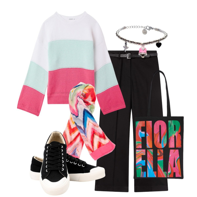 Outfit donna - Colore anche ad autunno. Stile Sporty chic per Scuola/Università. Abbinamento con pantaloni, maglieria, braccialetti, sneakers, foulard, borse tote.