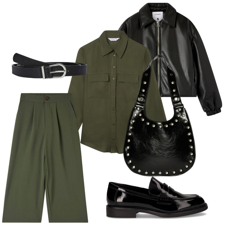 Outfit donna - Fascino bomber. Stile Minimal per Ufficio. Abbinamento con pantaloni a palazzo, bomber, cinture, camicie, mocassini, borse a spalla.