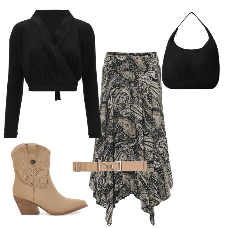 Outfit donna - Country girl. Stile Urban per Ufficio. Abbinamento con gonne longuette, cinture, borse a mano, top, stivaletti texani.