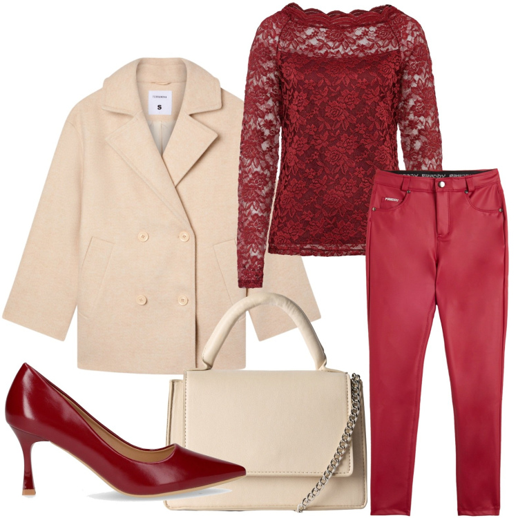 Outfit donna - Pizzo romantico. Stile Chic per Serata fuori. Abbinamento con maglieria, caban, borse a tracolla, pantaloni skinny, décolleté.